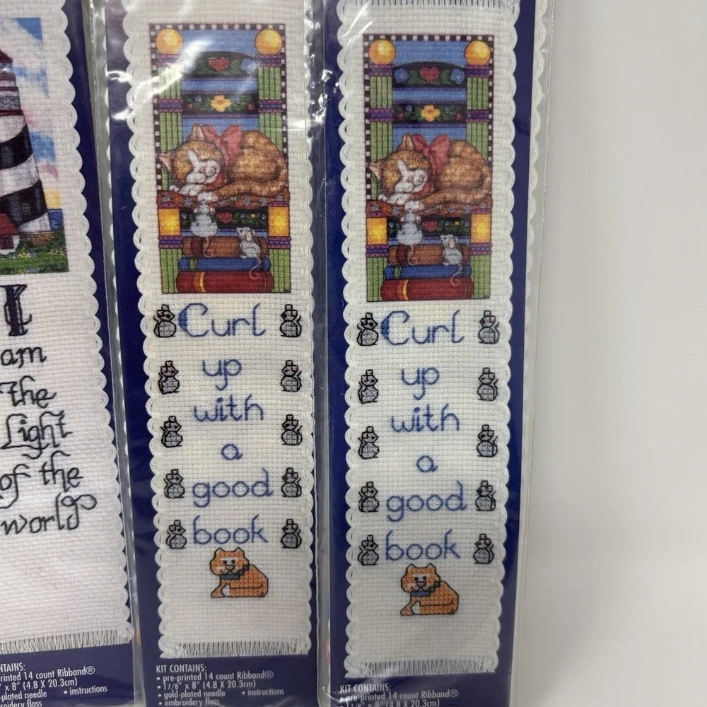Vintage Bucilla Cross Stitch Bookmark Kits 1-Cat 2-Lighthouse Lot Of 3 Sealed